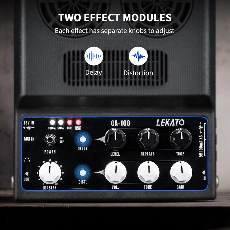 LEKATO Electric Guitar Amp, Rechargeable Guitar Amp 20W, Distortion, Delay Effect, Bluetooth, Guitar Amp Combo for Daily Practice, Travel - Image 3
